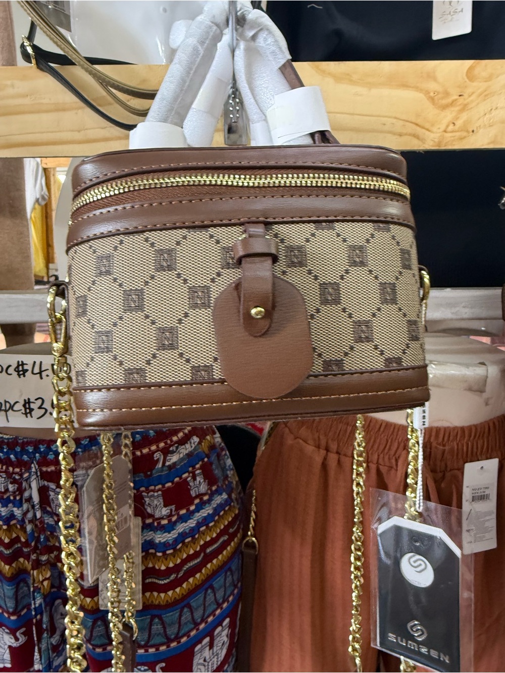 Brown Patterned Crossbody Box Bag with Gold Chain